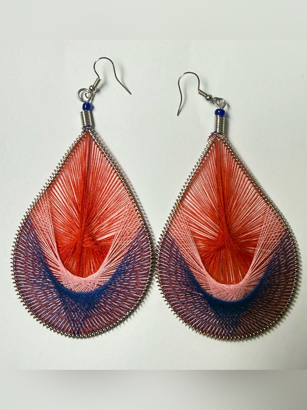 Boho Thread Wrapped Teardrop Earrings Pink Blue Silver Statement